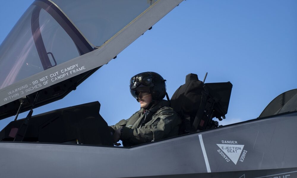F-35 pilot in cockpit at Tyndall Air Force Base
