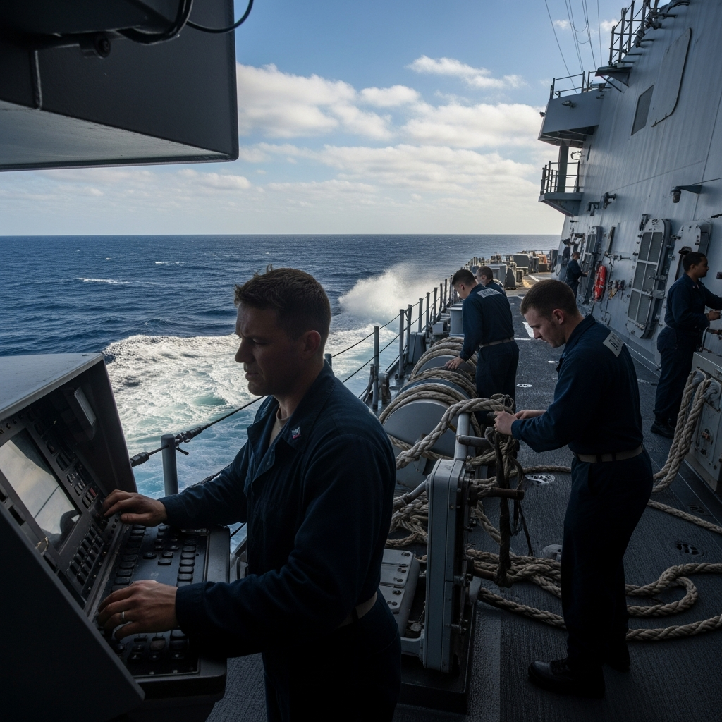 US Navy sailors on the deck of a warship at sea during active sea duty