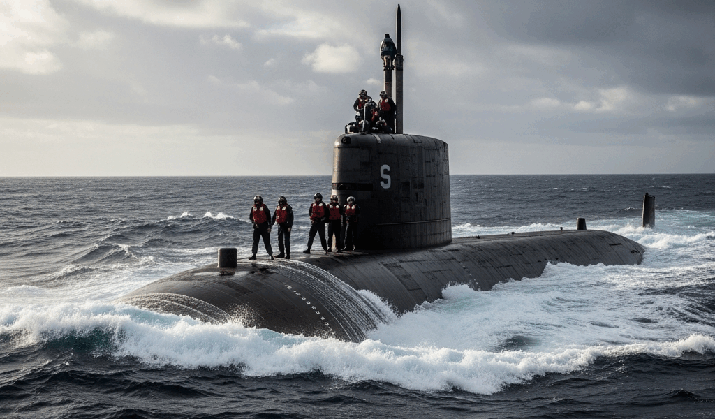 us navy submarine surfaced in open ocean with crew on deck d 20260331 095015