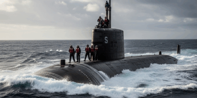 us navy submarine surfaced in open ocean with crew on deck d 20260331 095015