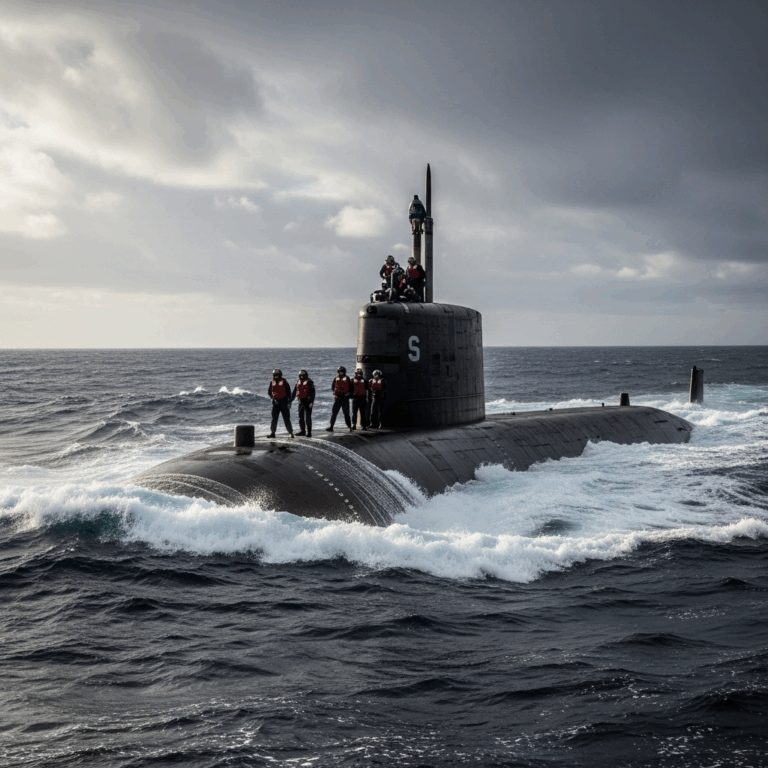 us navy submarine surfaced in open ocean with crew on deck d 20260331 095015