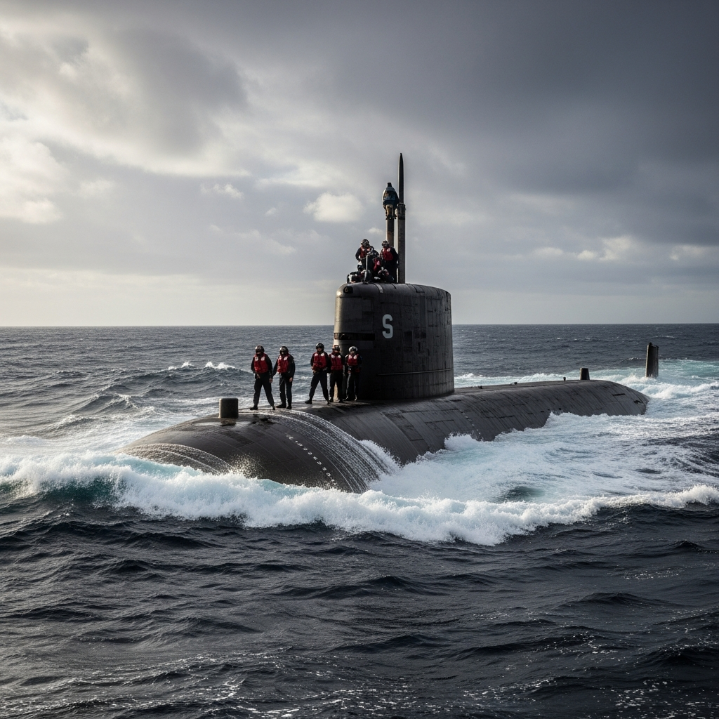 us navy submarine surfaced in open ocean with crew on deck d 20260331 095015