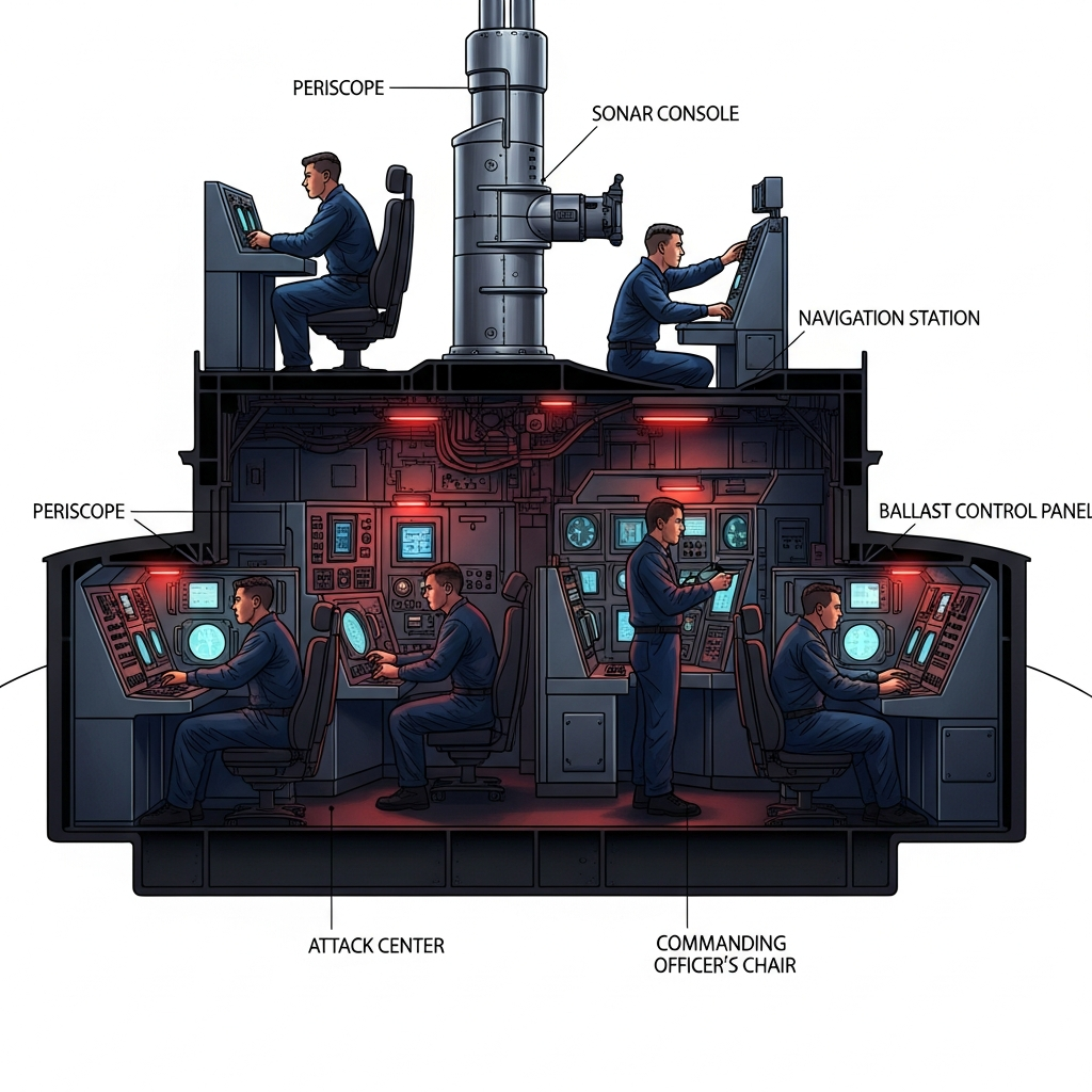 US Navy submariners working inside a submarine control room at instrument panels