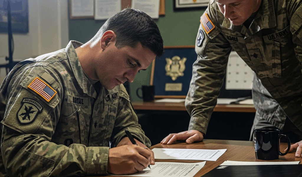 Military reenlistment ceremony soldier signing papers US military base office