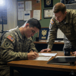 Military reenlistment ceremony soldier signing papers US military base office