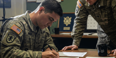Military reenlistment ceremony soldier signing papers US military base office