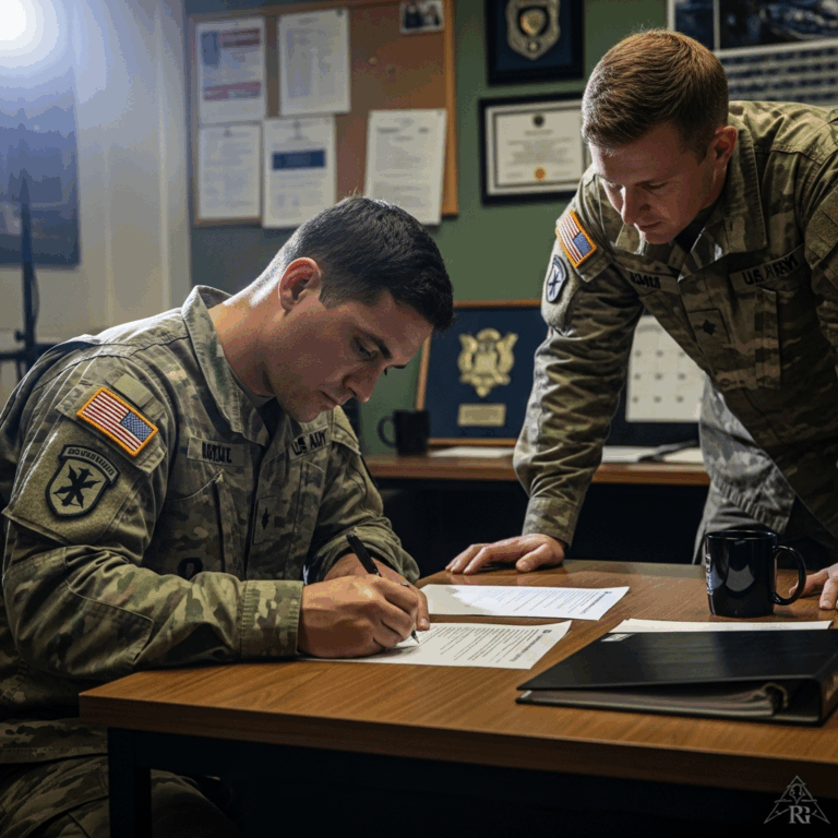 Military reenlistment ceremony soldier signing papers US military base office